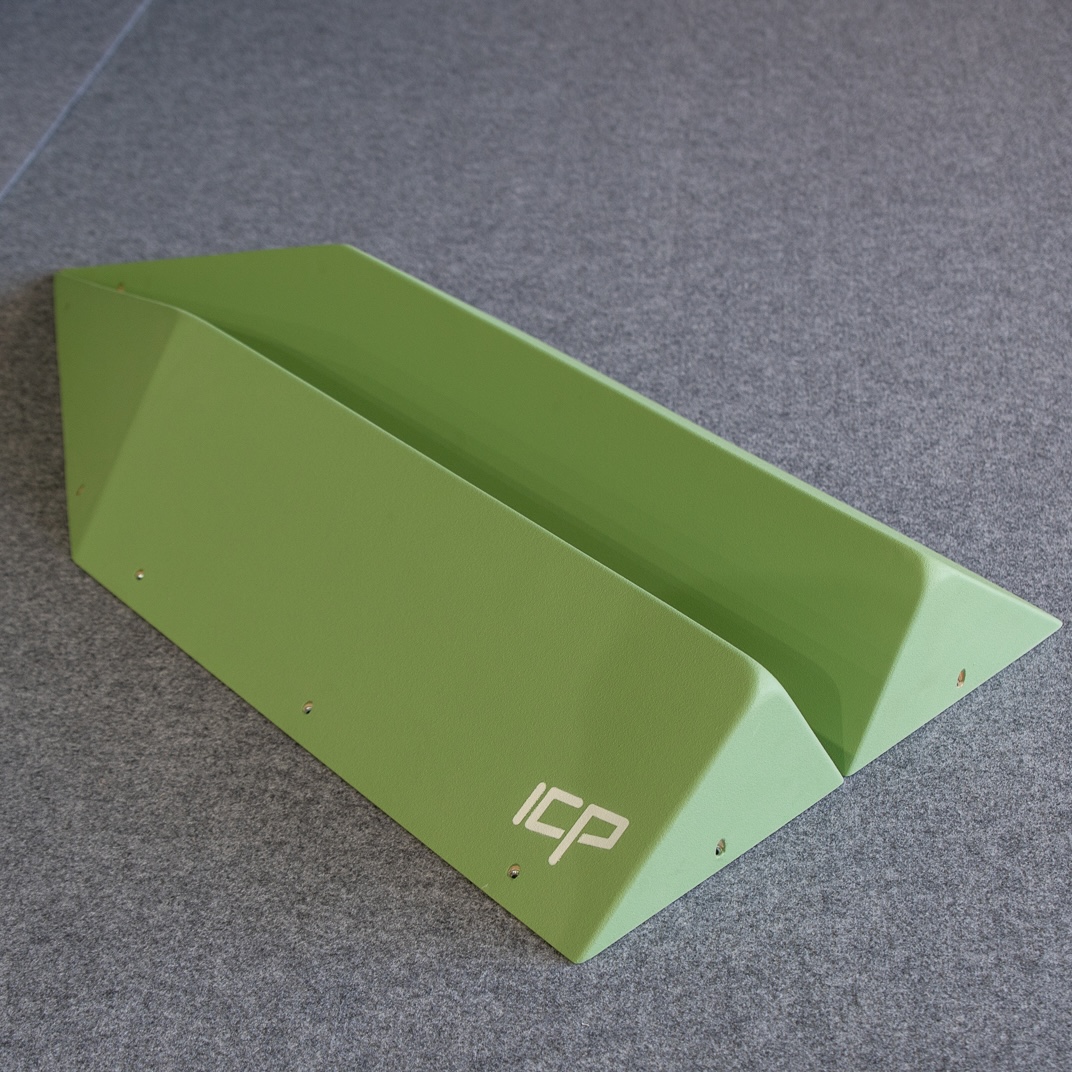 Holly.H1.4-5.M_ICP Volume - Climb ICP Shop Australia Medium green ICP Holly H1.4-5 M climbing volume pair on safety matting, with both parts displayed side by side before installation.