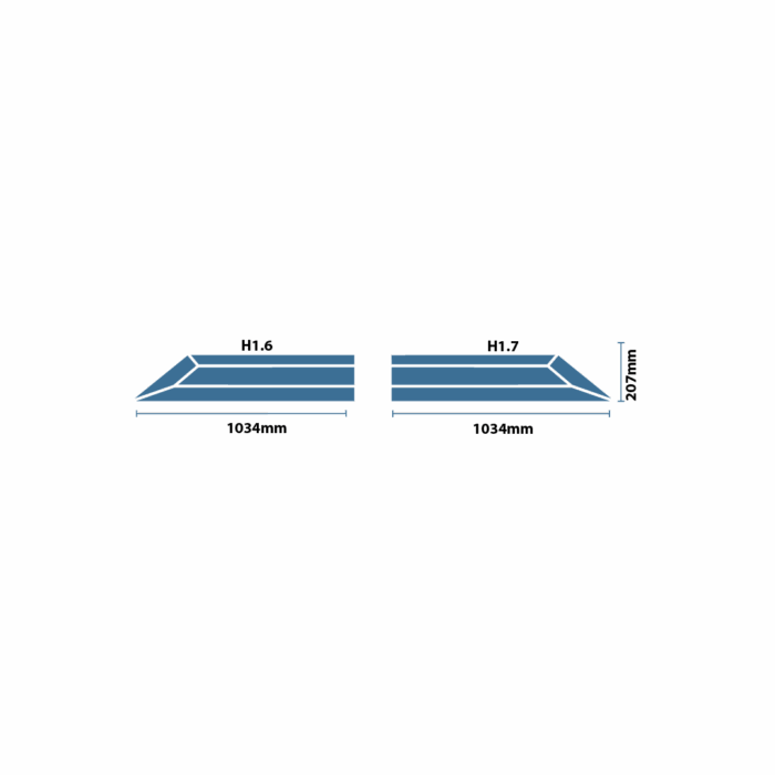 Front-view schematic of the ICP Volume Holly.H1.6-7 modular climbing rail, showing its angled low-profile design and dimensions