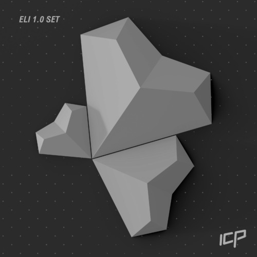 Animated GIF showing the Eli Volume Set of six mirrored angular climbing volumes in white, rotating on a grey background to display all angles.
