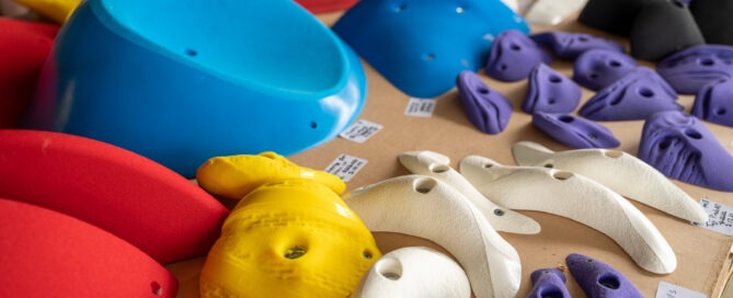 Colourful climbing holds and volumes laid out for routesetting and gym design by ICP.
