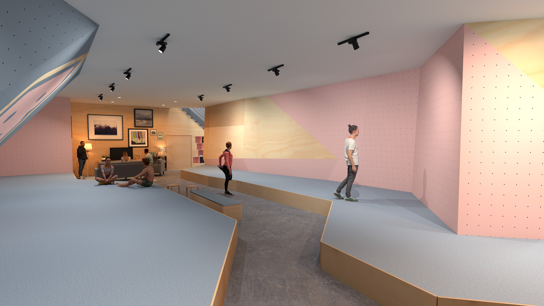 A 3d rendering of a boulderhall with people on the floor.