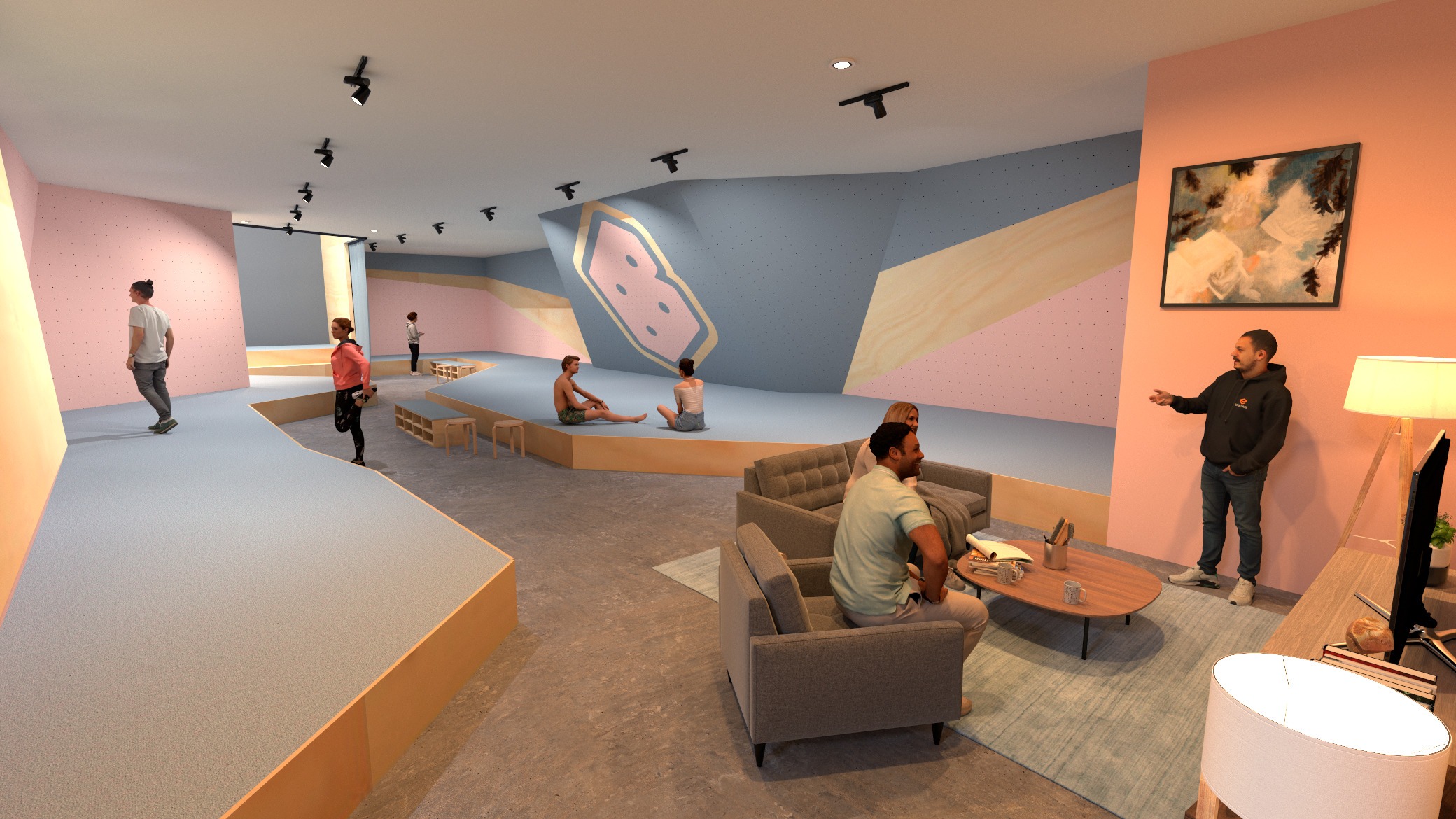 A rendering of a boukder hall room with people in it.