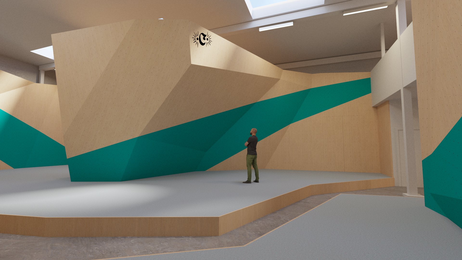Render of California Climbing Collective (CCC) gym build by ICP. The render has wood coloured walls with green design features.