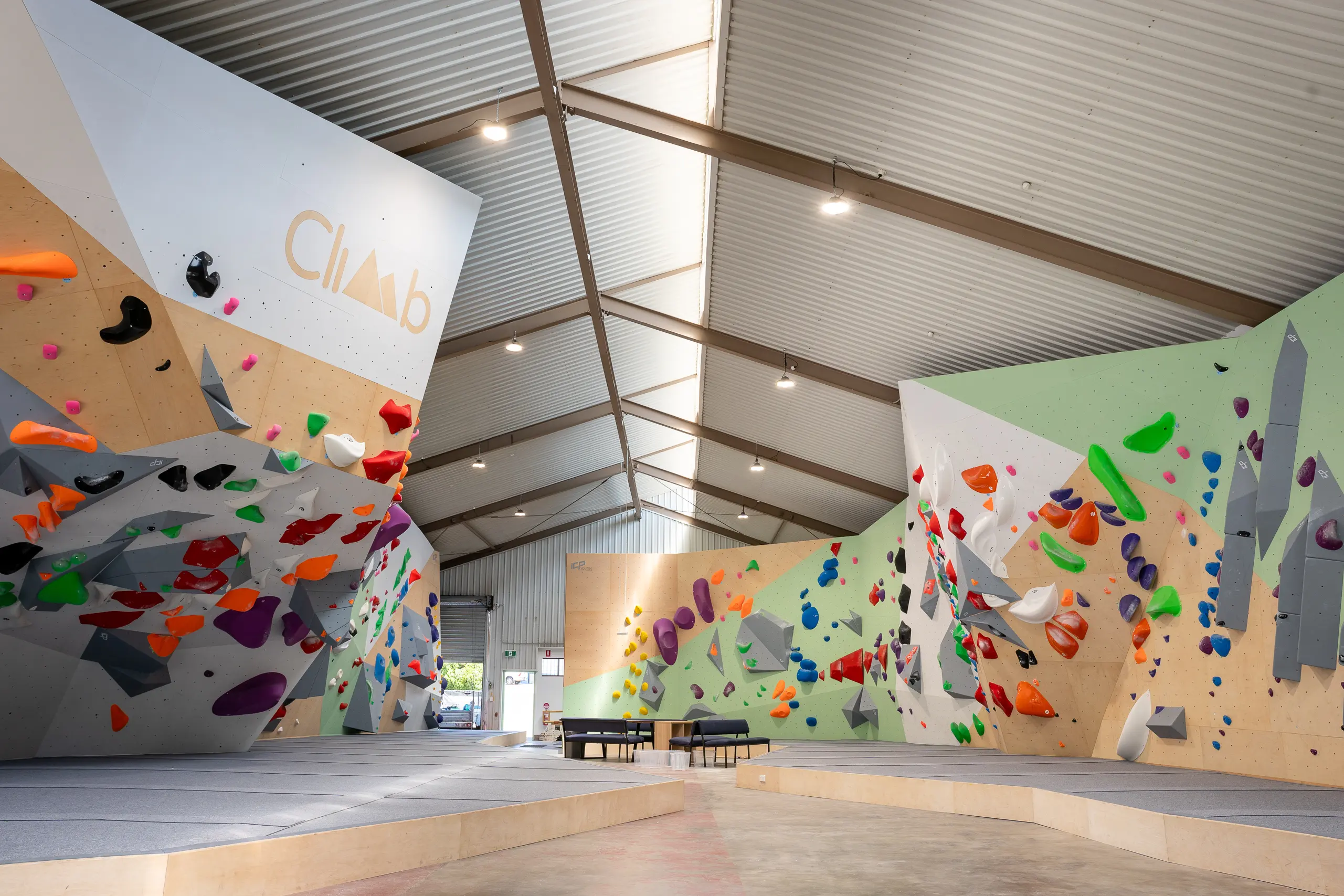 ICP-Climbing_Wall_Toowomba ICP Climbing Walls Toowoomba – wood, green and white bouldering walls with safety matting and volumes.