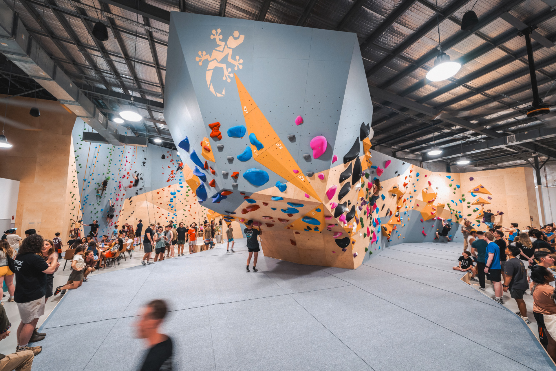 Gecko Climb facility with ICP-built grey and wood textured bouldering walls, yellow ICP Volumes, rope walls in the background, and grey safety mats.