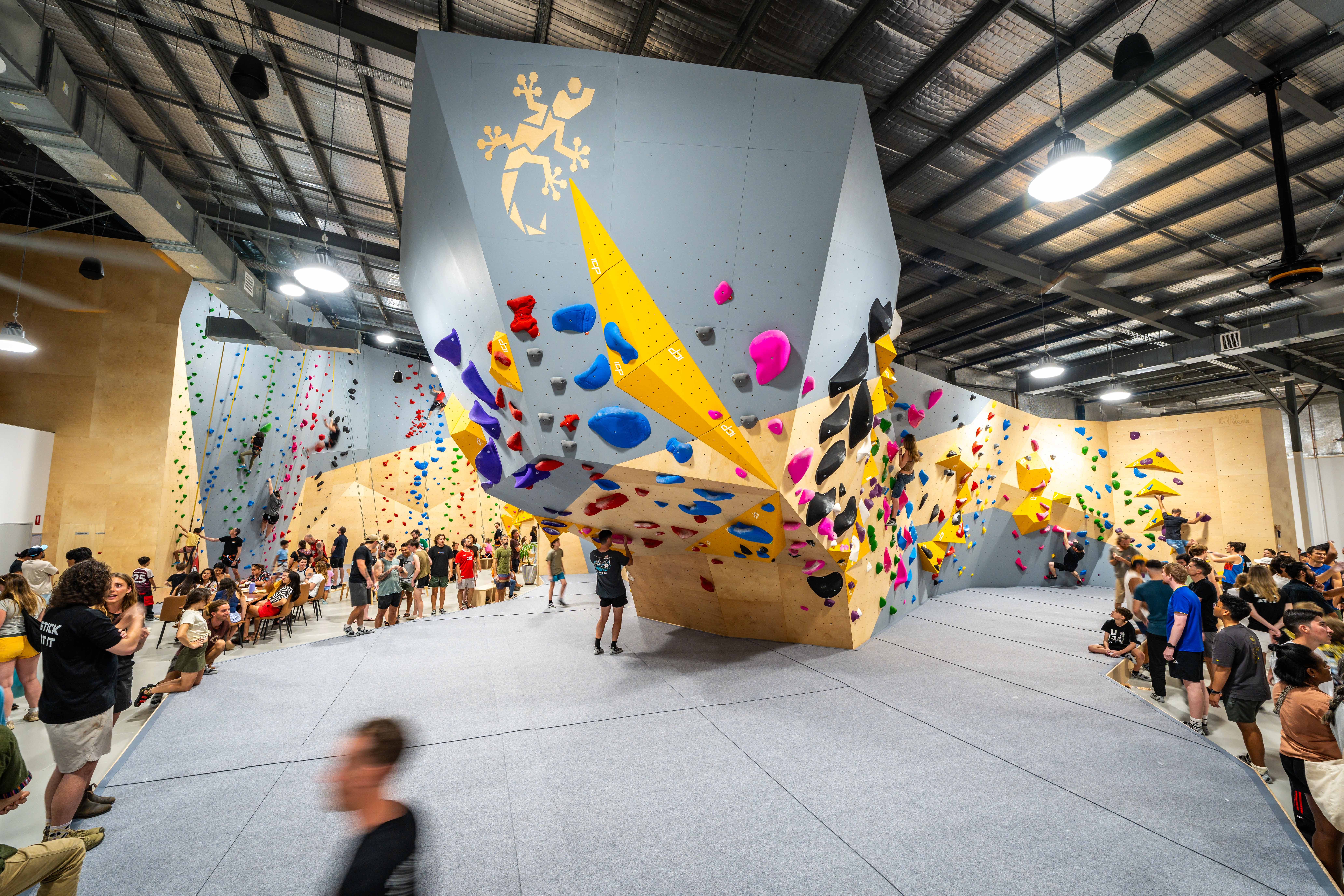Gecko Climb facility with ICP-built grey and wood textured bouldering walls, yellow ICP Volumes, rope walls in the background, and grey safety mats.