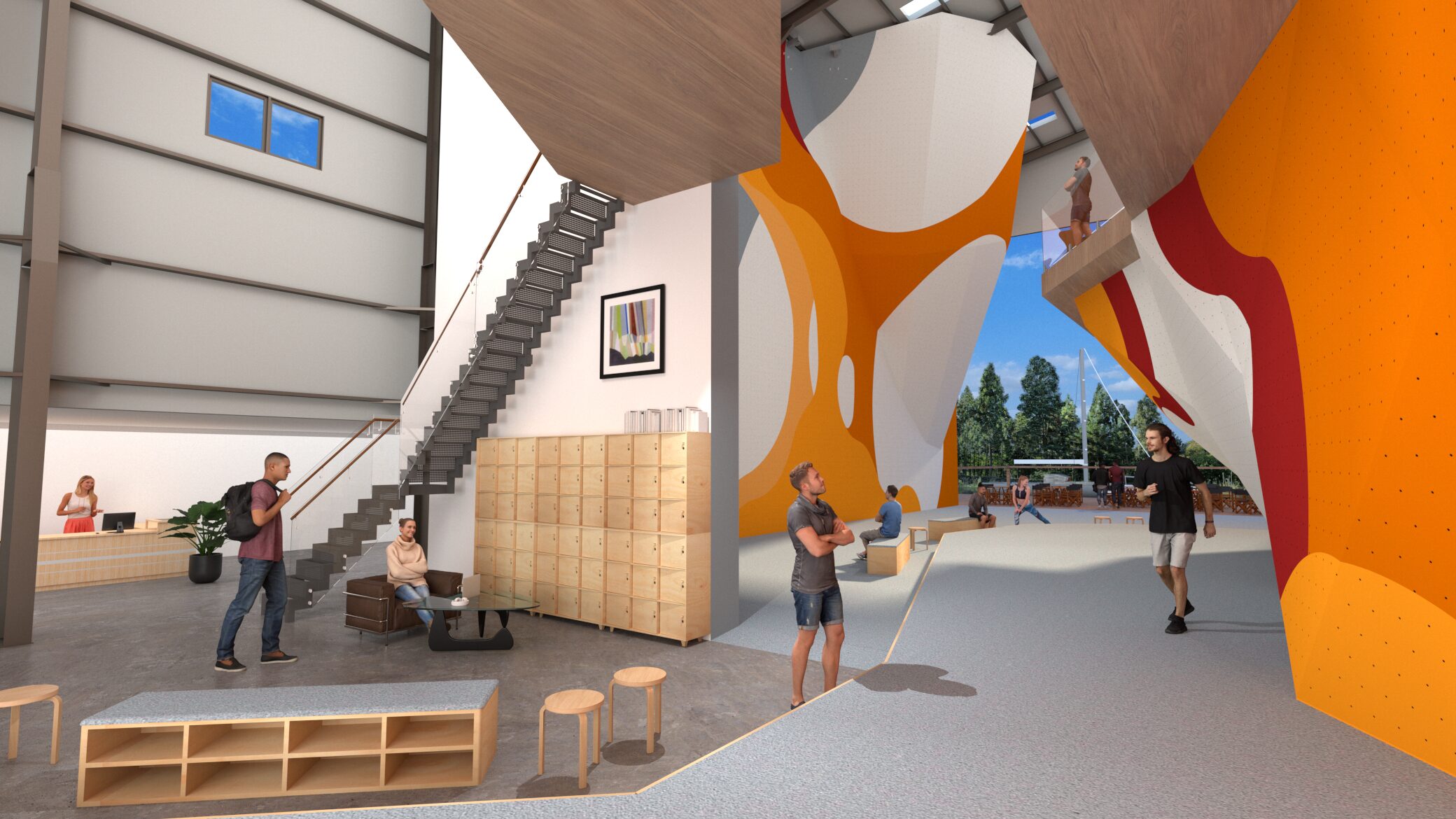 Climbing Jungle – Two-Level Rope and Boulder Wall Render | ICP Render of Climbing Jungle facility with white, orange, and red painted walls, featuring two levels of bouldering and rope climbing terrain.