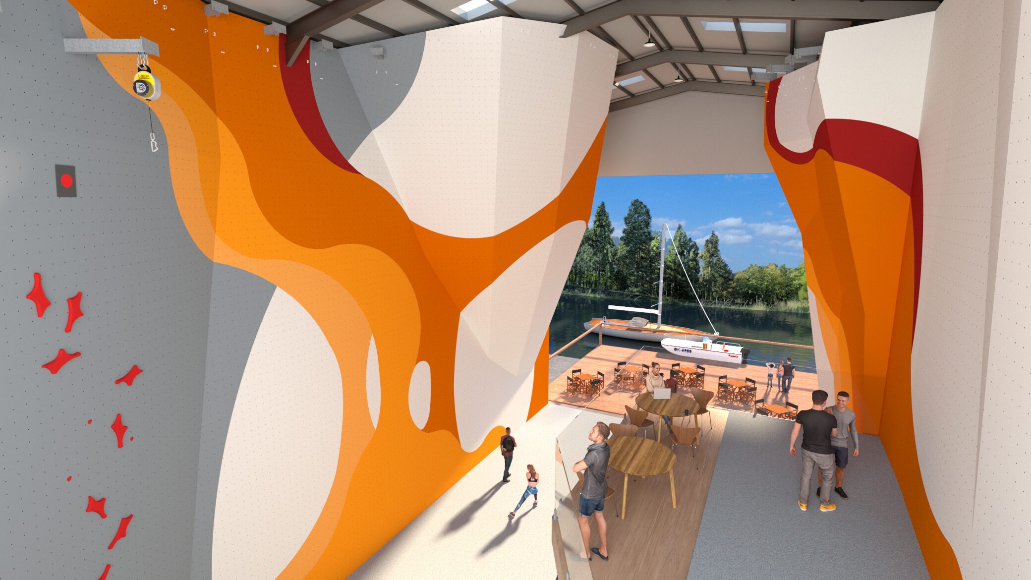 Climbing Jungle – Second Level Rope and Boulder Wall Render | ICP Render of Climbing Jungle from the second level, showing white, orange, and red painted rope and bouldering walls with large open doors in view.