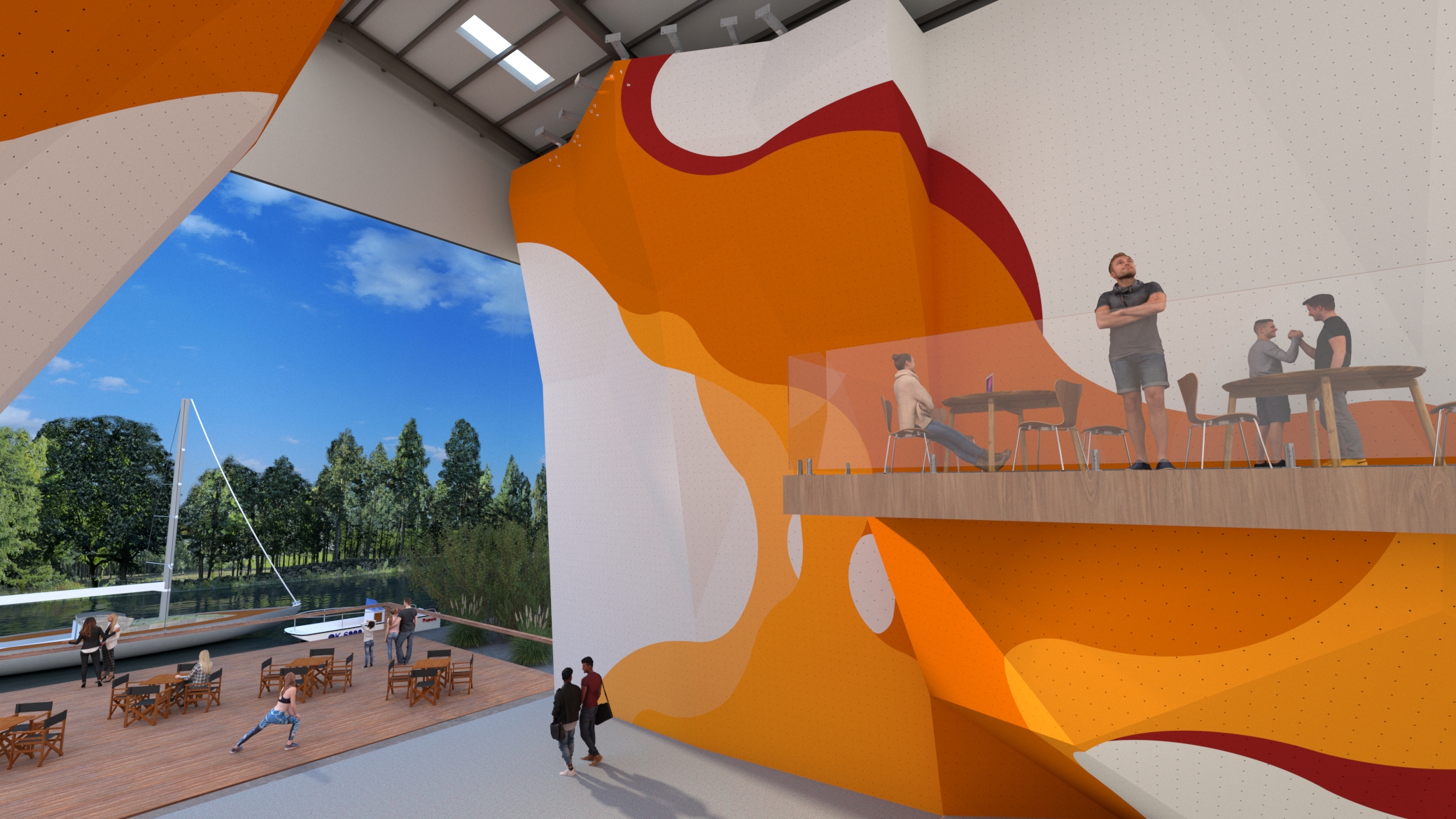 Climbing Jungle – Second Level and Mezzanine Render | ICP Render of Climbing Jungle from the second level, showing white, orange, and red painted rope and bouldering walls with mezzanine views and large open doors.