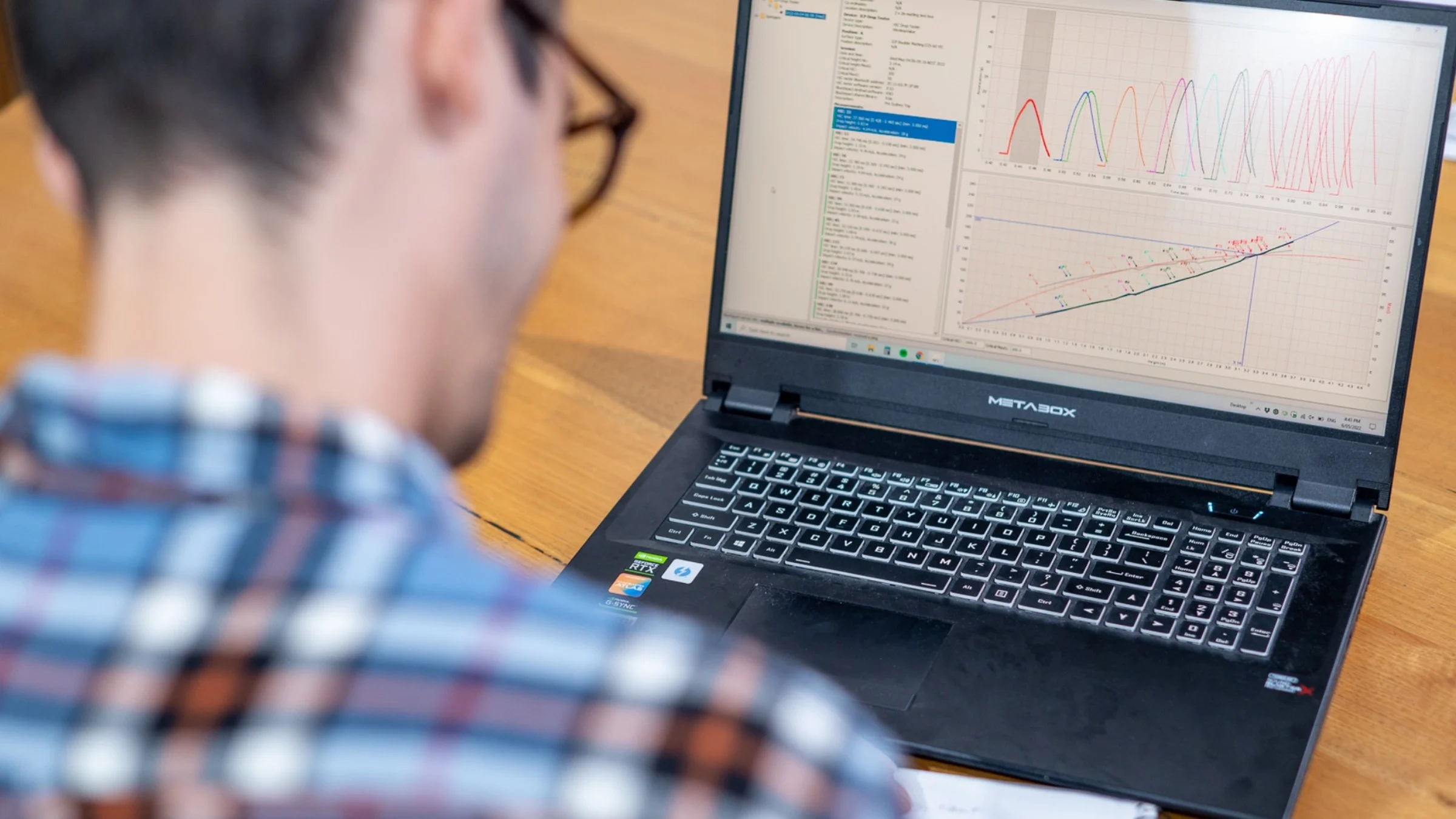 Impact Drop Testing Data Analysis for Climbing Safety Mats Engineer analyzing matting impact drop test data on his computer in a climbing gym.