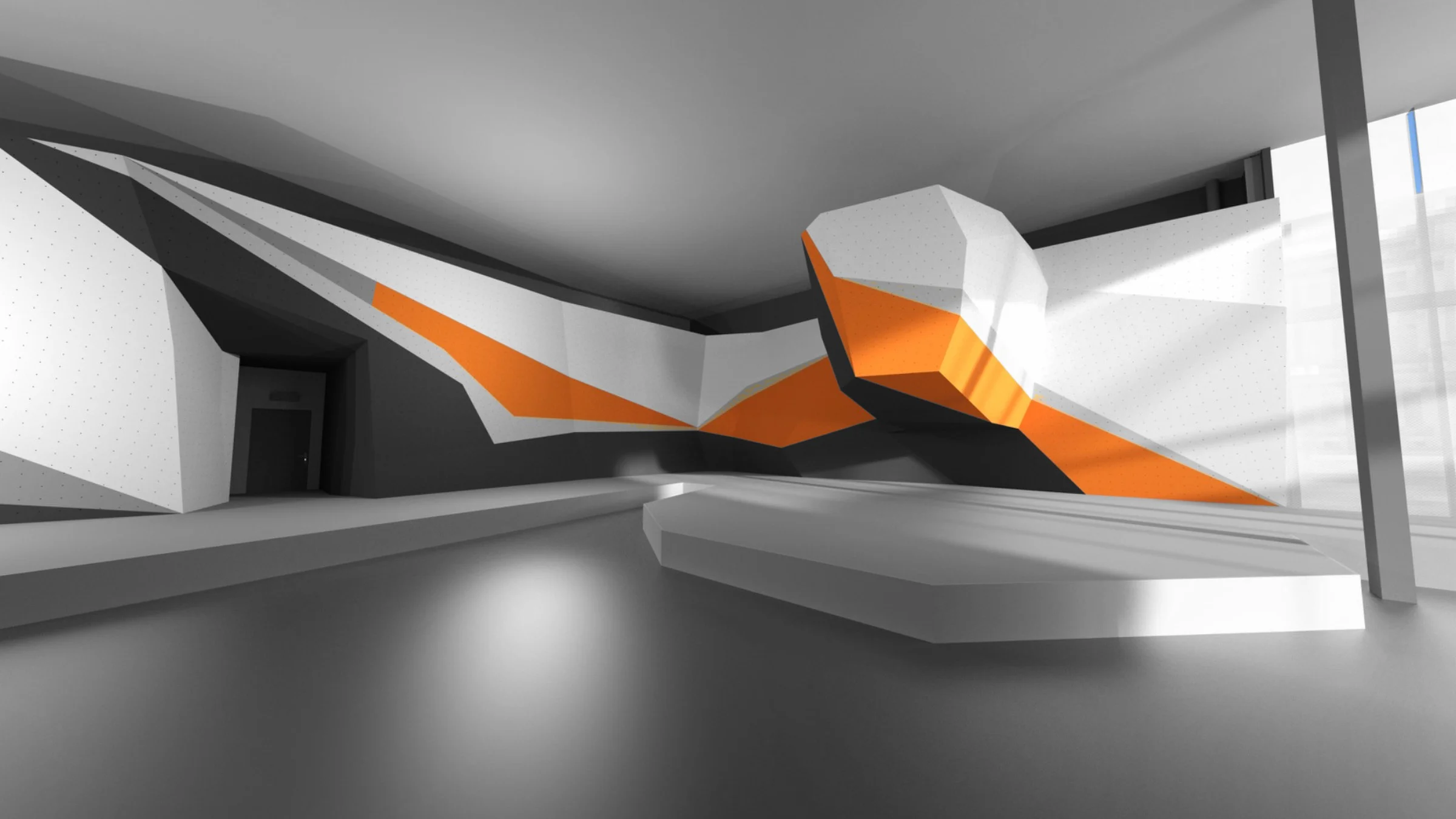 Indoor Bouldering Wall Design Render – ICP Climbing 3D render of a modern indoor bouldering wall design with angular geometry and orange route accents.