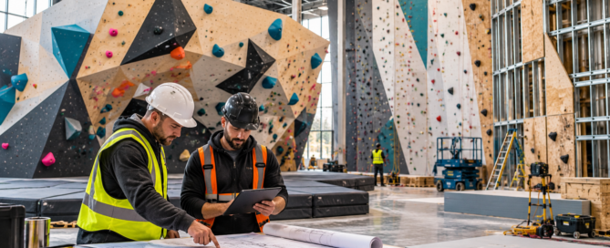 Commercial climbing gym under construction with custom climbing walls, safety matting and builders reviewing plans