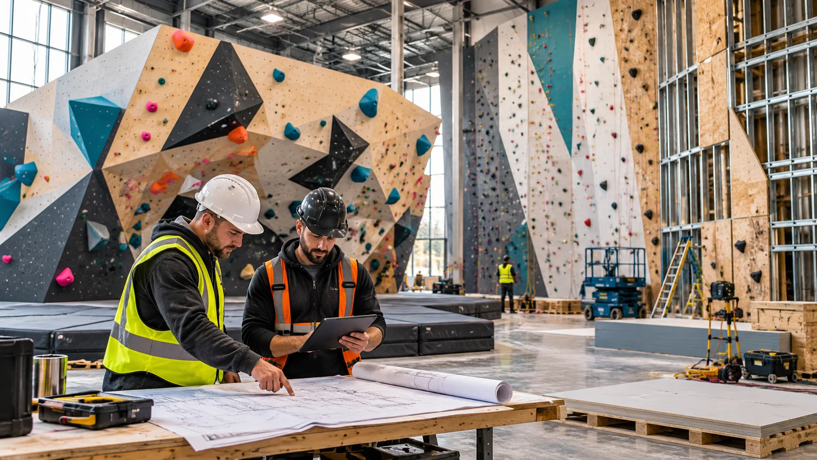 Commercial climbing gym under construction with custom climbing walls, safety matting and builders reviewing plans